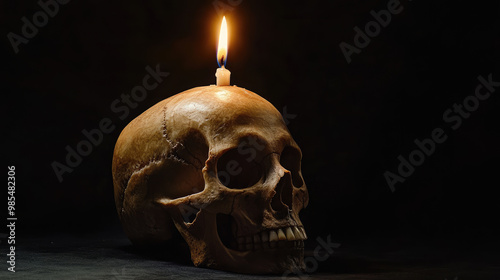 A skull with a candle on top, isolated against a black background.