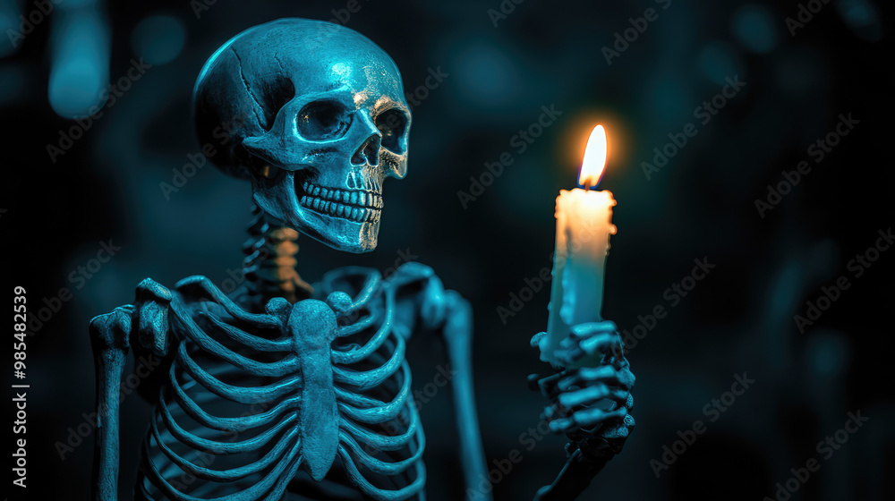 A spooky skeleton holding a candle, isolated on a dark background. A spooky skeleton holding a candle, isolated on a dark background.