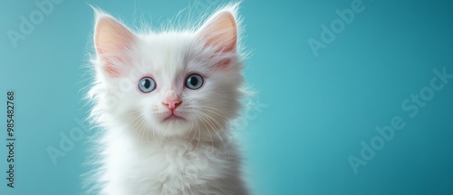 White Kitten with Blue Eyes on Turquoise Background.