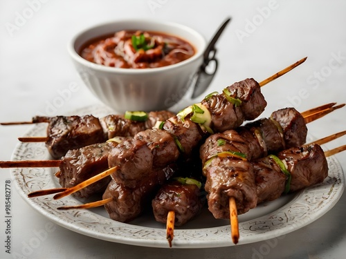 Front view of Ciger Sis with Turkish liver kebap, featuring skewered and grilled liver pieces, isolated on a white transparent background. photo