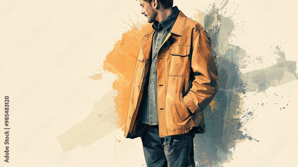 Obraz premium Photograph of a man in casual attire, standing against an artistic backdrop, looking sideways.