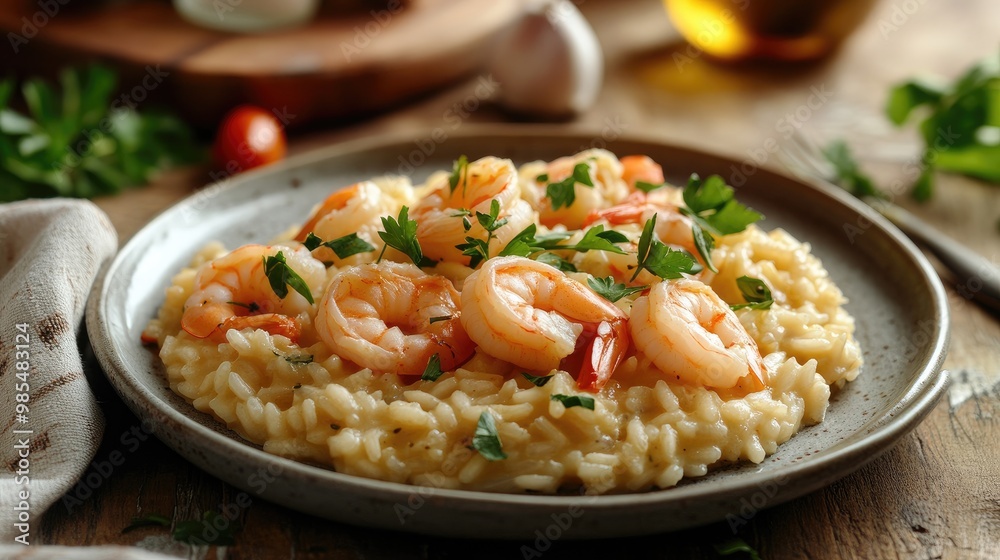 A plate of creamy shrimp risotto, garnished with fresh herbs, set against a dynamic, realistic background of a warm, cozy kitchen A plate of creamy shrimp risotto, garnished with fresh herbs, set against a dynamic, realistic background of a warm, cozy kitchen