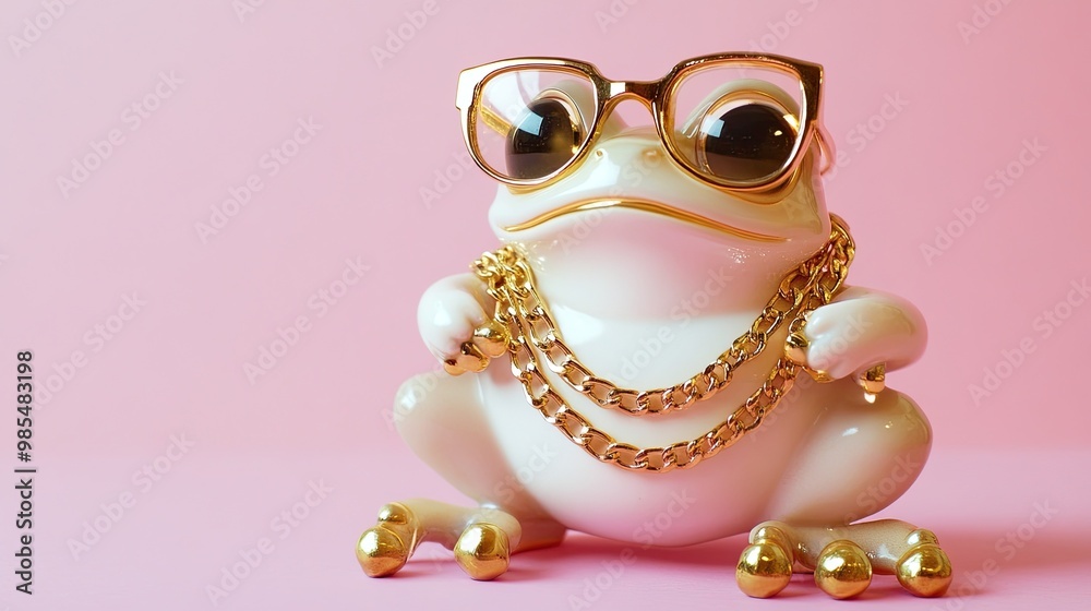 Modern Feng Shui Frog: Modern Feng Shui fortune frog with glasses, a golden chain, and necklace on a pastel background, symbolizing good luck and prosperity. Modern Feng Shui Frog: Modern Feng Shui fortune frog with glasses, a golden chain, and necklace on a pastel background, symbolizing good luck and prosperity.