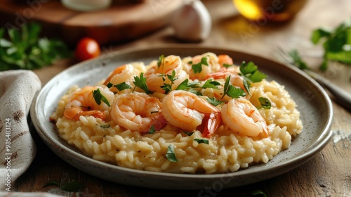 A plate of creamy shrimp risotto, garnished with fresh herbs, set against a dynamic, realistic background of a warm, cozy kitchen