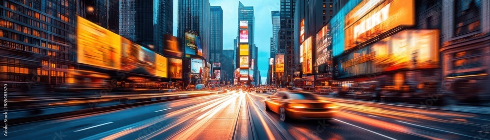 Capture a sleek, modern cityscape with a bustling street, towering skyscrapers, and vibrant billboards Include a futuristic car zooming by Capture a sleek, modern cityscape with a bustling street, towering skyscrapers, and vibrant billboards Include a futuristic car zooming by
