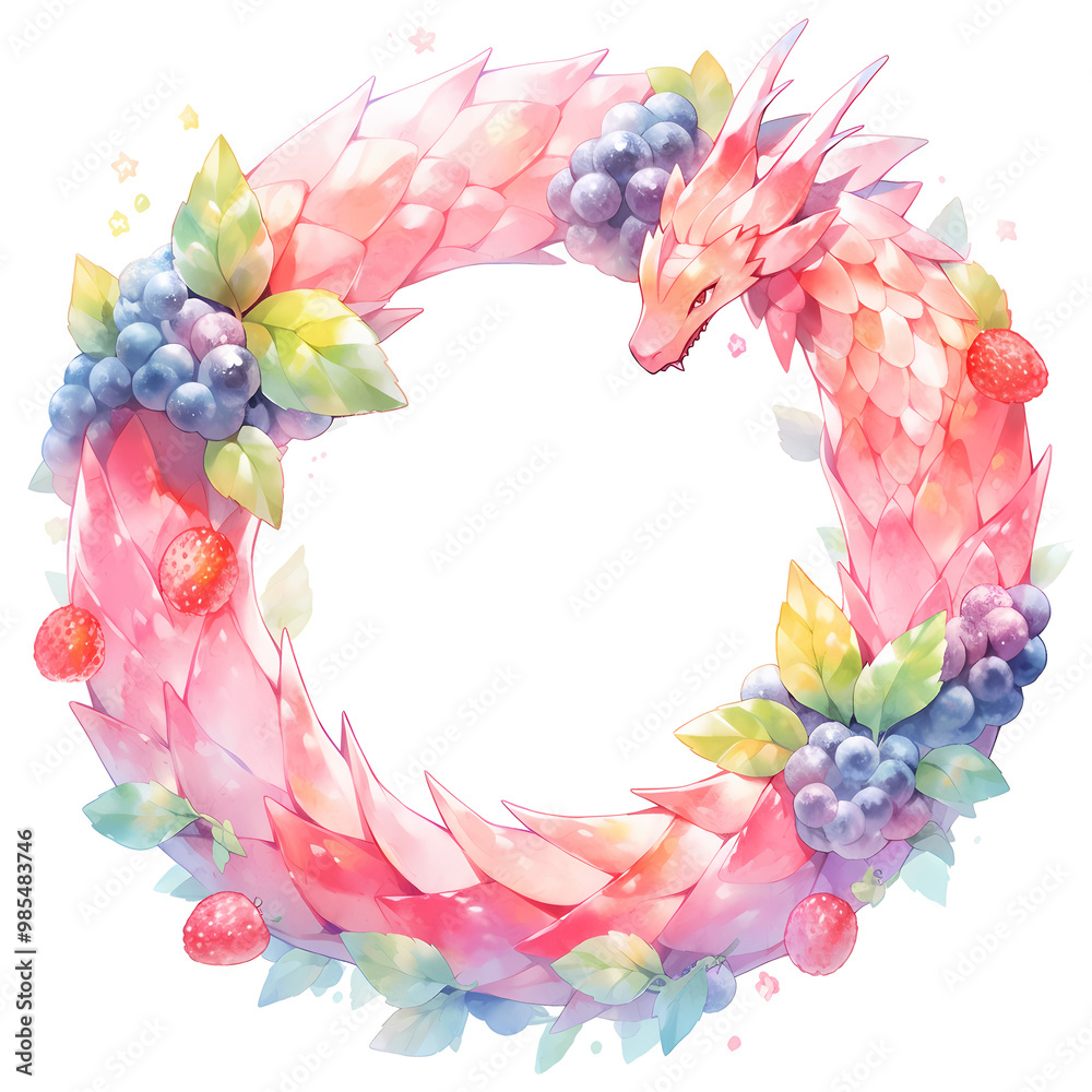 A pink dragon curled into a wreath of colorful fruits and leaves, forming a delicate circle. A pink dragon curled into a wreath of colorful fruits and leaves, forming a delicate circle.