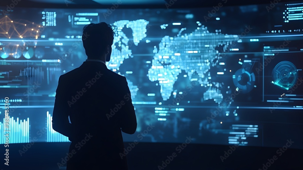 Visionary Entrepreneur Delivers Dynamic Business Presentation with Futuristic Holographic Charts Visionary Entrepreneur Delivers Dynamic Business Presentation with Futuristic Holographic Charts