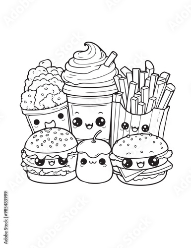 Illustration Coloring draw kawai food happy delicious fast food black and white version good for kids