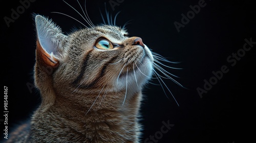 Curious Cat Looking Up with a Black Background