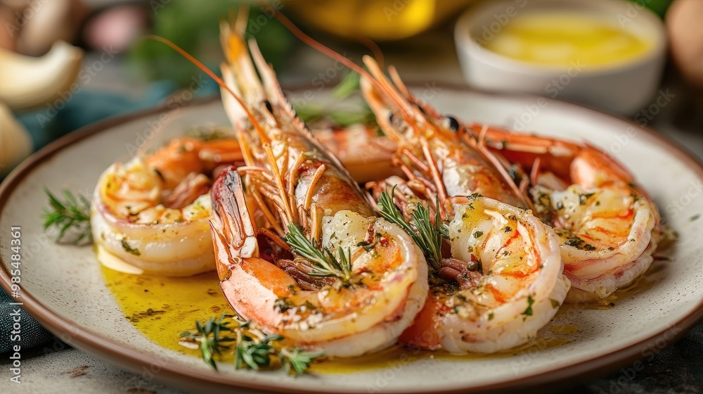 Juicy prawns served with a side of garlic butter sauce, placed elegantly on a plate with a dynamic, realistic background of a luxurious dining setup Juicy prawns served with a side of garlic butter sauce, placed elegantly on a plate with a dynamic, realistic background of a luxurious dining setup