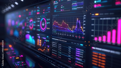 A close-up of a computer screen displaying various data visualizations, including charts, graphs, and numbers.