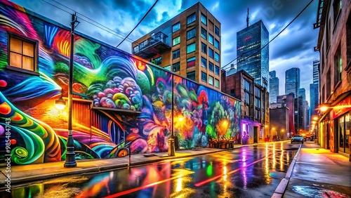 The image shows a narrow alleyway in a city at night. The alley is lined with buildings on either side, one of which has a large, bright, colorful mural on its wall. The mural is made up of abstract