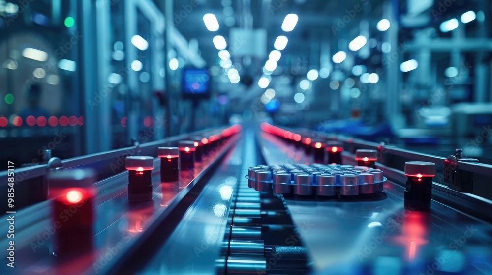 A close-up of a conveyor belt in a factory, with rows of small, red-lit products moving along. The image evokes themes of automation, production, and efficiency. A close-up of a conveyor belt in a factory, with rows of small, red-lit products moving along. The image evokes themes of automation, production, and efficiency.