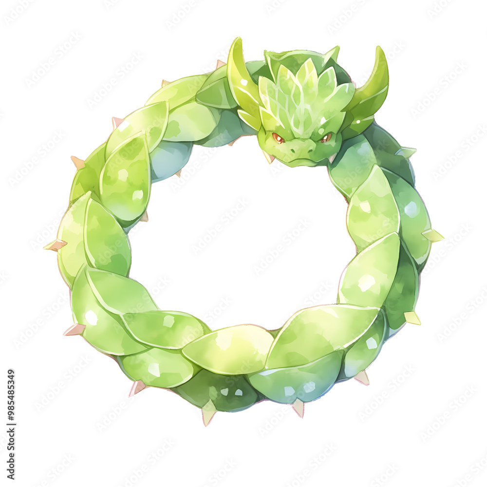 Fototapeta premium A green, leafy dragon curled into a circle, its horns and sharp spines visible.
