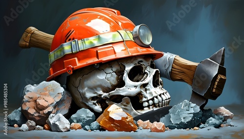 Miners safety helmet alongside a pickaxe and an assortment of mineral specimens photo