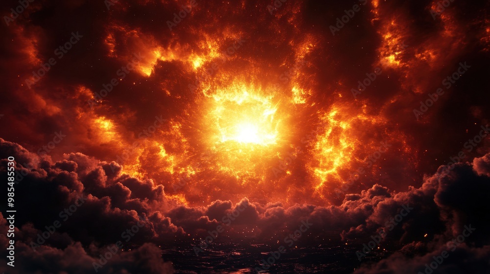 A dramatic sky filled with fiery clouds and a glowing center, depicting a powerful celestial event or apocalyptic scene. A dramatic sky filled with fiery clouds and a glowing center, depicting a powerful celestial event or apocalyptic scene.