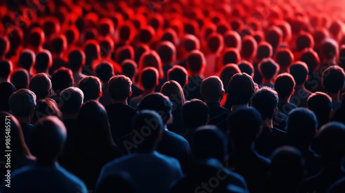 A mesmerizing view of a large crowd, illuminated with vibrant red lighting, creating a dramatic and captivating atmosphere.