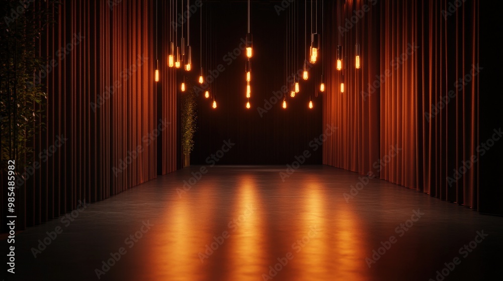 Illuminated corridor with warm pendant lights and reflective floor, creating an inviting and cozy atmosphere for events. Illuminated corridor with warm pendant lights and reflective floor, creating an inviting and cozy atmosphere for events.