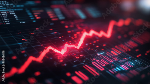 Close-up of downward-trending line graph on digital screen, symbolizing drop in earnings, financial decline visualized with charts and numbers. 