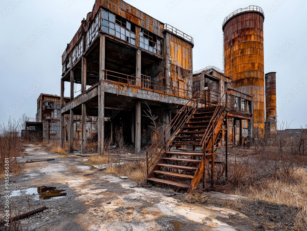 An abandoned manufacturing plant in a remote area, rusting equipment symbolizing economic failure and job loss An abandoned manufacturing plant in a remote area, rusting equipment symbolizing economic failure and job loss