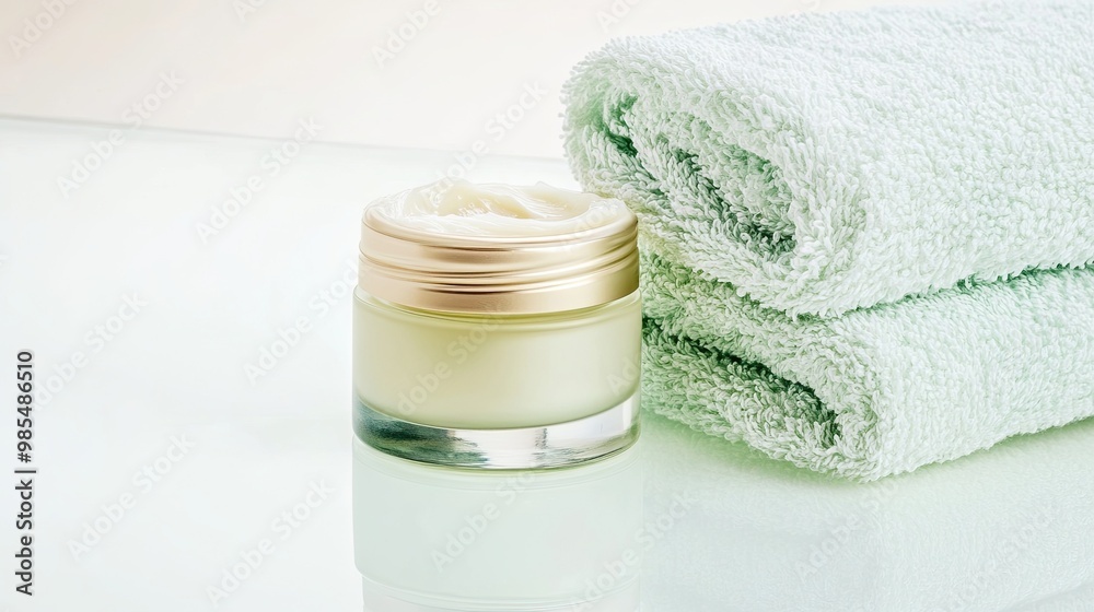 Natural facial cream in a glass jar with a towel, showcasing organic cosmetic products for wellness and relaxation, isolated with white highlights. Natural facial cream in a glass jar with a towel, showcasing organic cosmetic products for wellness and relaxation, isolated with white highlights.