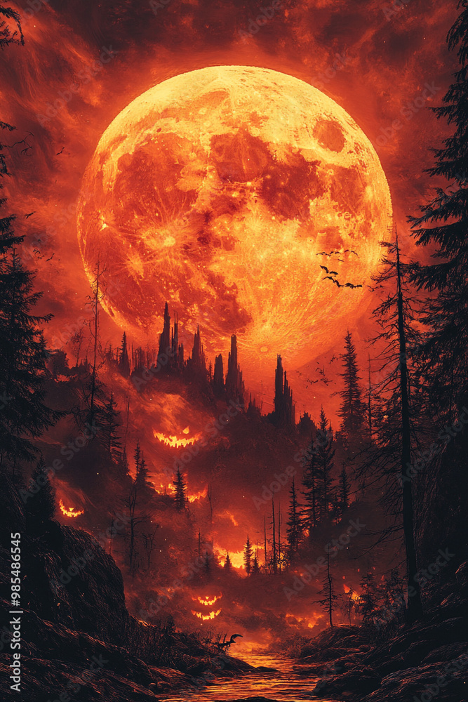 halloween night landscape, The cover of an invitation to a masquerade or Halloween party. halloween night landscape, The cover of an invitation to a masquerade or Halloween party.