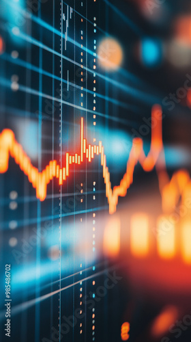 Close-up of downward-trending line graph on digital screen, symbolizing drop in earnings, financial decline visualized with charts and numbers.	