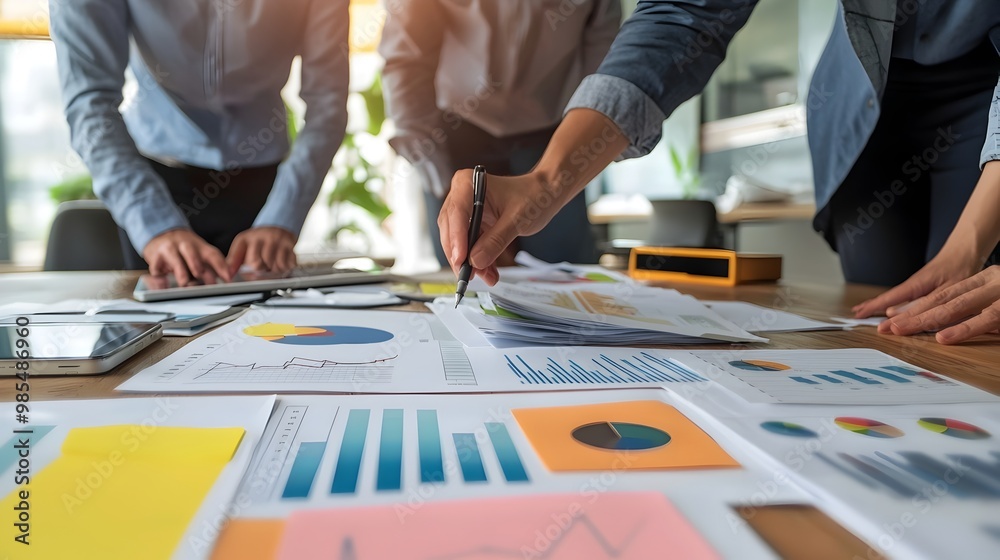 Fototapeta premium Entrepreneurs Collaborating Over Business Documents in Office Setting
