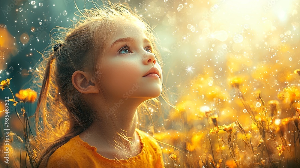 Girl in Flower Field Looking Up at Sunlight