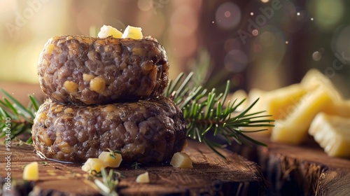 Haggis on Wooden Board with Natural Background photo