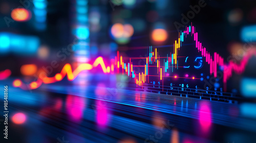 Close-up of downward-trending line graph on digital screen, symbolizing drop in earnings, financial decline visualized with charts and numbers.	