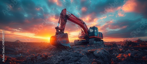 Excavator Silhouetted Against a Dramatic Sunset