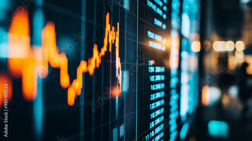 Close-up of downward-trending line graph on digital screen, symbolizing drop in earnings, financial decline visualized with charts and numbers.	