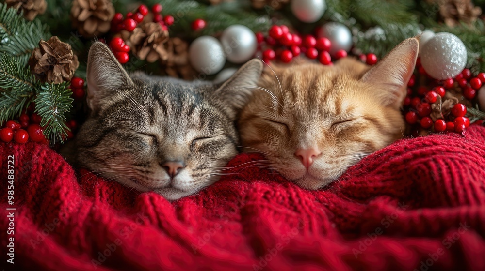 Two Cats Sleeping in a Red Blanket with Christmas Decorations Two Cats Sleeping in a Red Blanket with Christmas Decorations