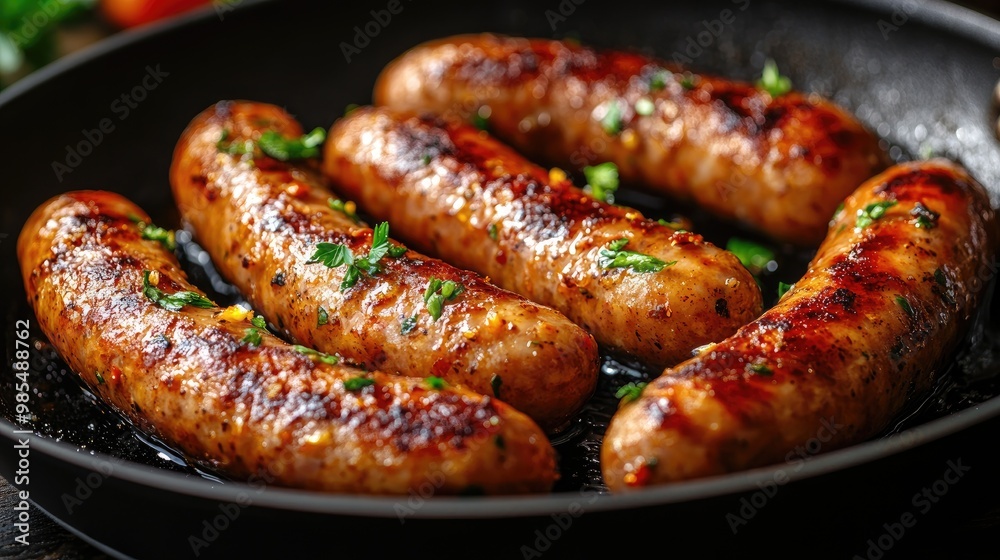 Delicious sausages frying in pan with herbs and hot oil Delicious sausages frying in pan with herbs and hot oil