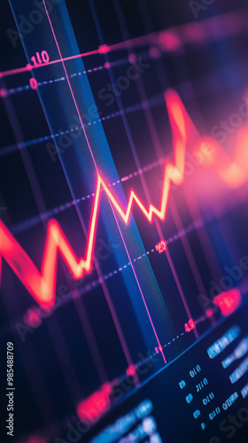 Close-up of downward-trending line graph on digital screen, symbolizing drop in earnings, financial decline visualized with charts and numbers.	