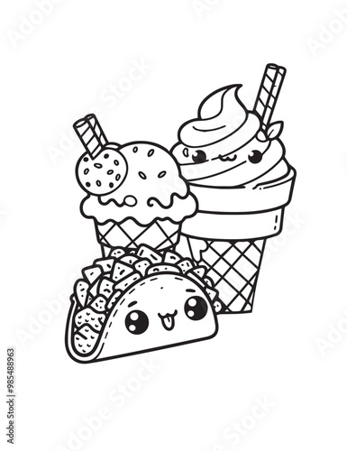 Illustration Coloring draw kawai food nice taco and ice cream drink black and white version good for kids