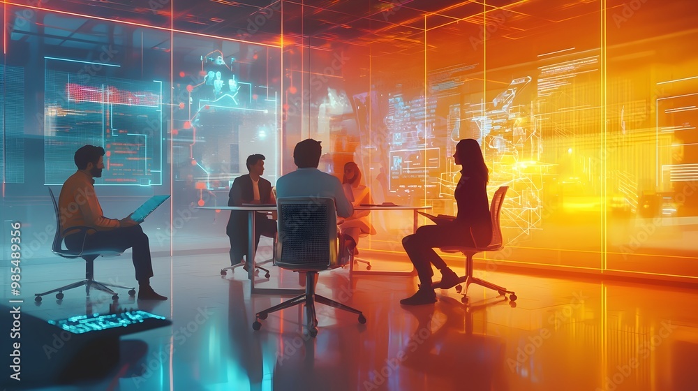 Diverse Team Brainstorming in a High-Tech Modern Office with Holographic Displays Diverse Team Brainstorming in a High-Tech Modern Office with Holographic Displays