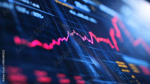 Close-up of downward-trending line graph on digital screen, symbolizing drop in earnings, financial decline visualized with charts and numbers.	