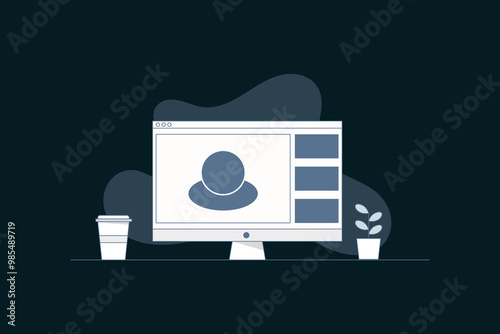 vector image of a computer with a screen displaying a online meeting program, minimal illustration