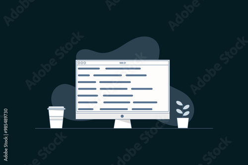 vector image of a computer with a screen displaying a programming code program, minimal illustration
