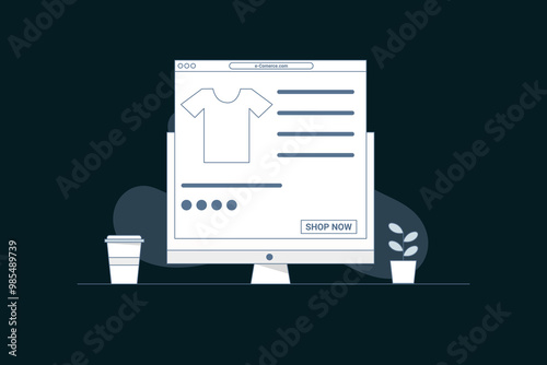 vector image of a computer with a screen displaying a online shop program, minimal illustration
