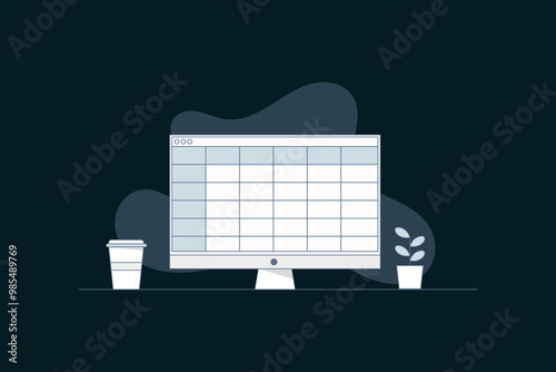 vector image of a computer with a screen displaying a spreadsheet program, minimal illustration