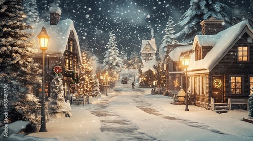 Nostalgic Christmas Village Background with Snow-Covered Cottages, Twinkling Street Lamps, and a Quaint Village Street Creating a Festive Winter Scene. photo