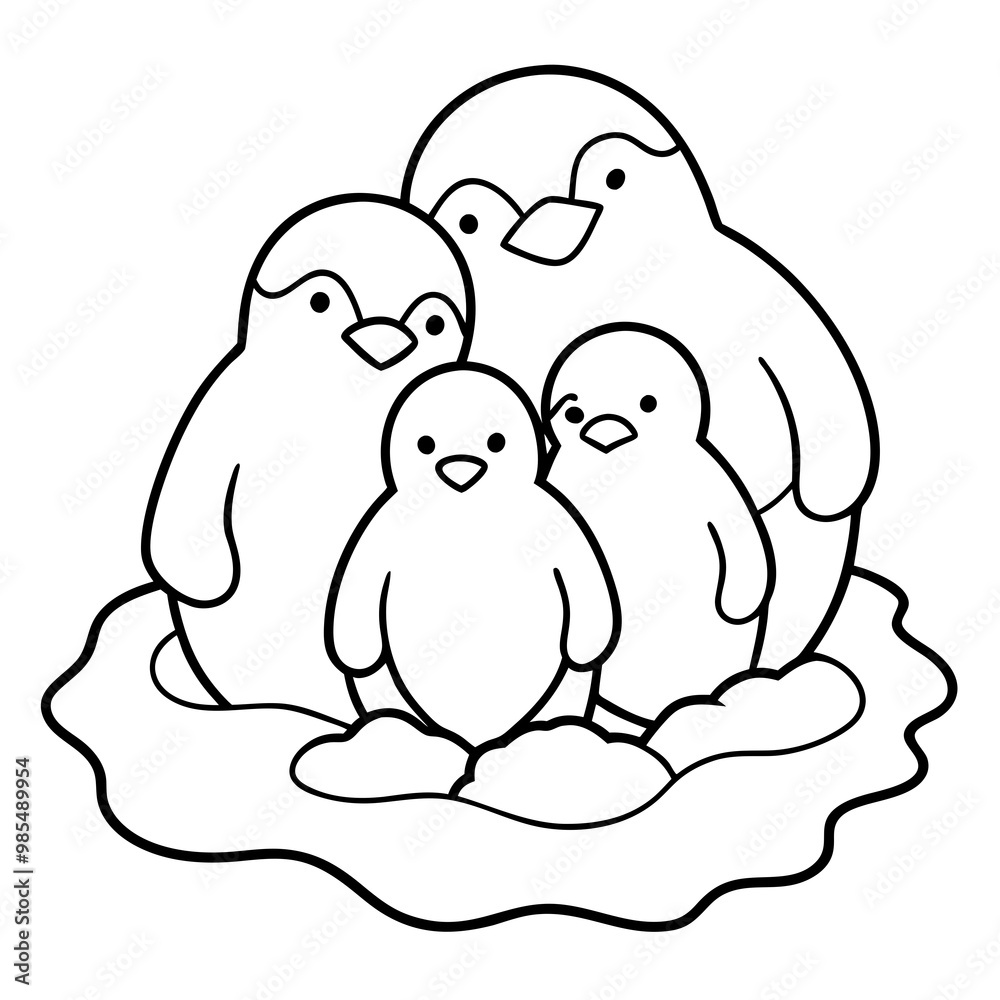 Penguin Family Huddling on Ice Floe Line Art Vector
Penguin Family Huddling on Ice Floe Line Art Vector