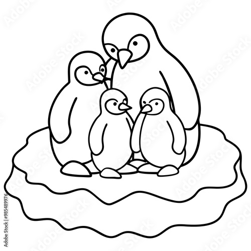 
Penguin Family Huddling on Ice Floe Line Art Vector