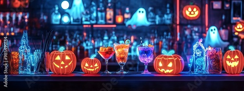 A bar with Halloween decorations and drinks photo