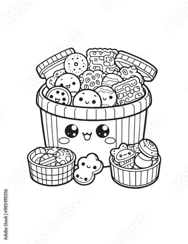 Illustration Coloring draw kawai food sweety biscuit black and white version good for kids