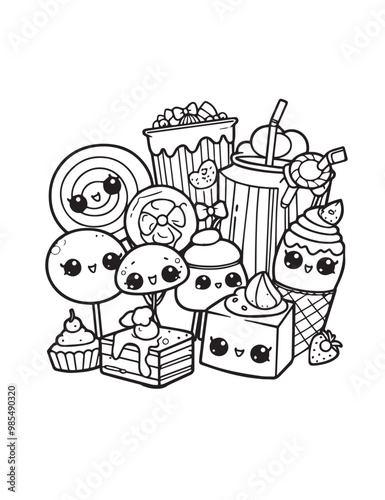 Illustration Coloring draw kawai food sweety cake and candy  black and white version good for kids