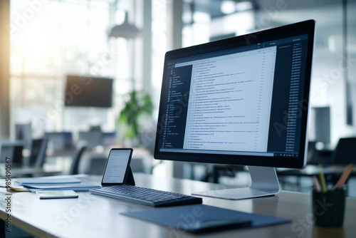Modern workspace with a desktop computer displaying code, ideal for software development, programming, and tech-driven office environments